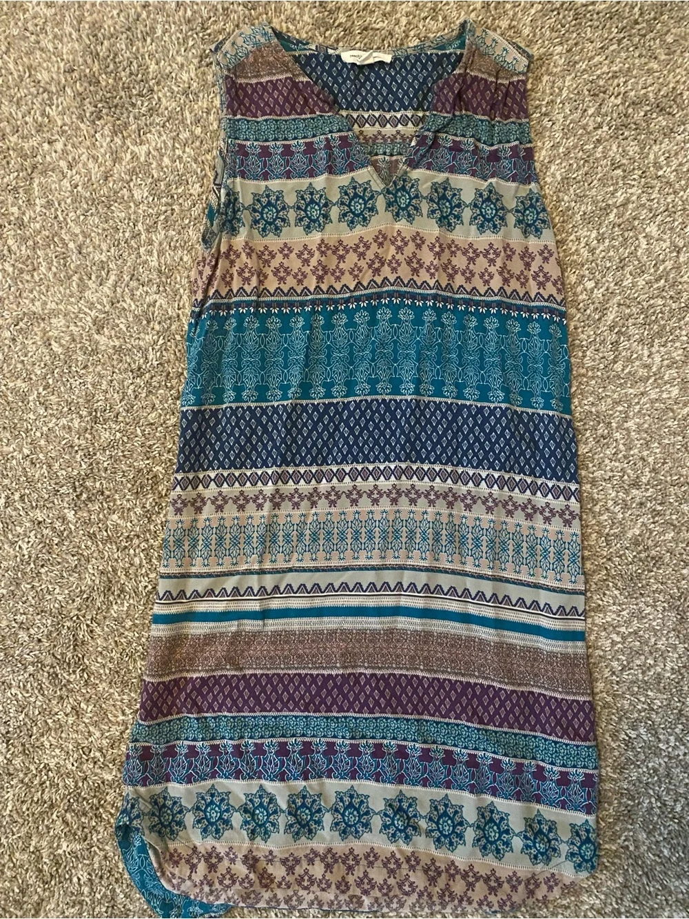 Bohemian Striped Print Sleeveless Shift Dress - Teal, Navy & Purple